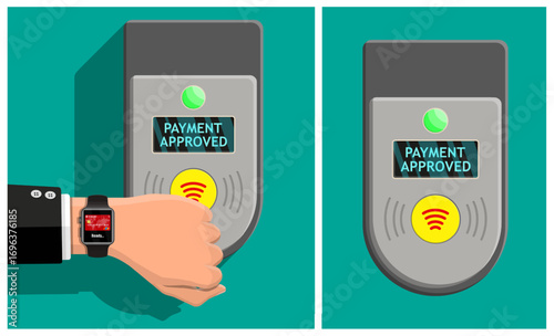 Man using smartwatch for contactless payment at terminal. Approved digital transaction with wireless technology. Smart commerce concept.