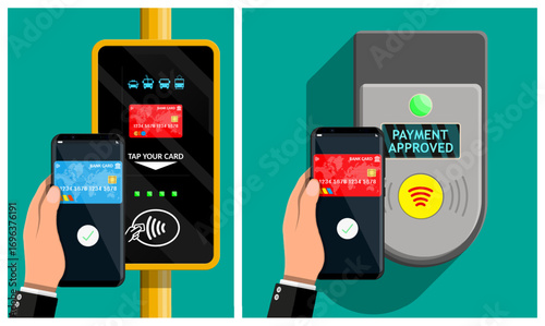 Man uses smartphone for contactless payment with credit card. Mobile payment terminal with successful transaction for public transport.