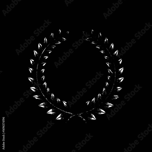 Intricate black and white laurel wreath design featuring elegant leaves arranged in a circular pattern