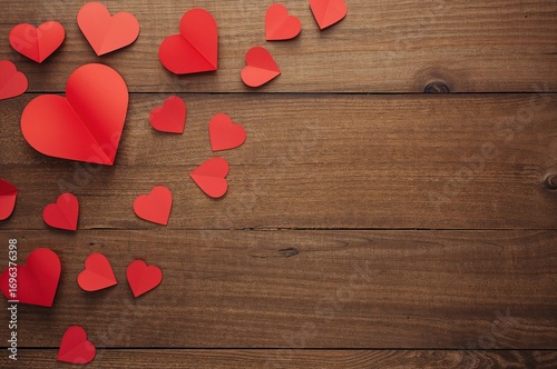 Romantic paper heart decorations on rustic wooden surface for a special occasion