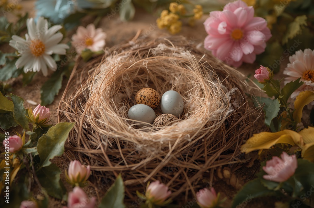 Obraz premium Materials for Nesting That Include Quail Eggs