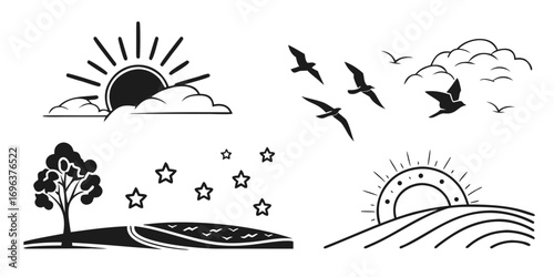 Stylized Nature Scenes with Sun, Birds, Tree, and Stars
