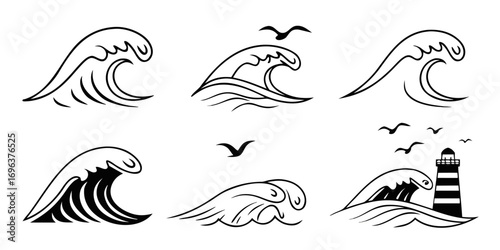 Stylized Ocean Waves and Seagulls Collection