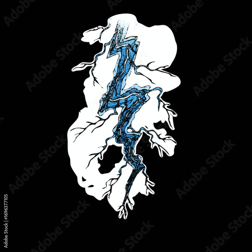 Unique art piece depicting a lightning bolt merging with abstract human form on dark background