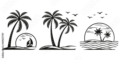 Tropical Beach Scene with Palm Trees and Sailboat