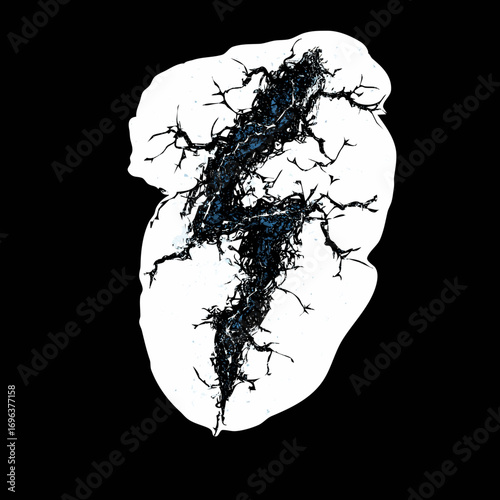 Intricate black and blue abstract design resembling a lightning bolt against a white background