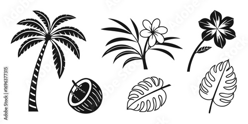 Tropical Elements Collection: Palm Tree, Coconut, Flowers, Leaves