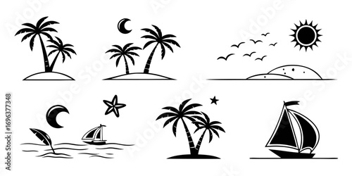 Tropical Island and Ocean Scene Icons