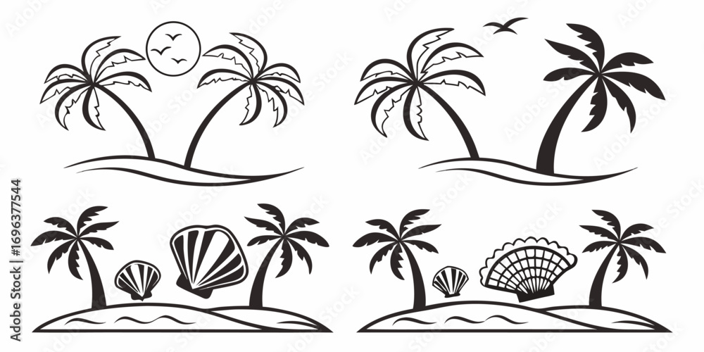 Obraz premium Tropical Island Palm Trees and Seashells Vector Graphics
