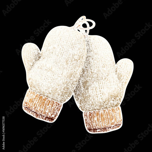 Winter mittens hanging against a black background with a cozy design for cold weather wear