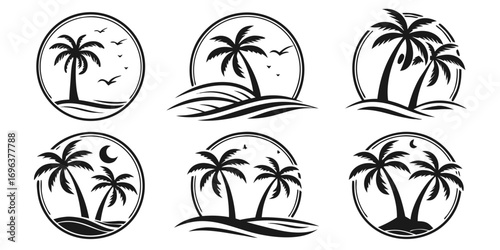 Tropical Palm Tree Beach Scene Icons