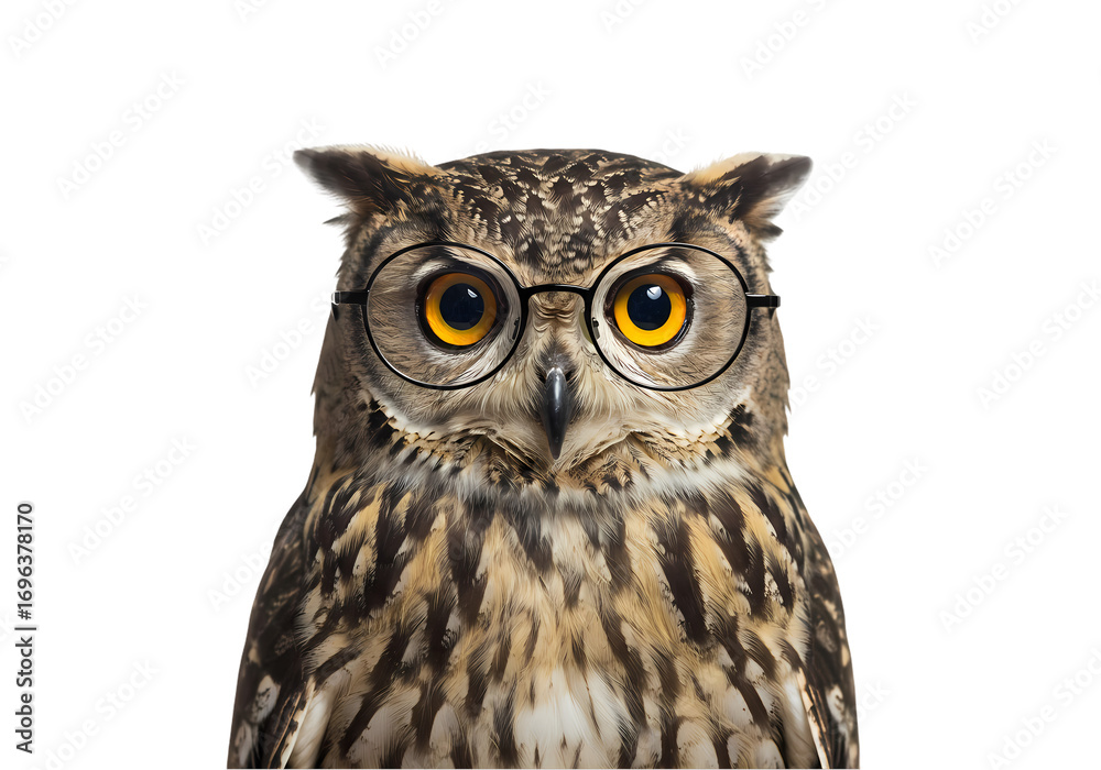 Naklejka premium Wise Owl with Glasses: Studious Bird Portrait against White Background isolated on transparent background