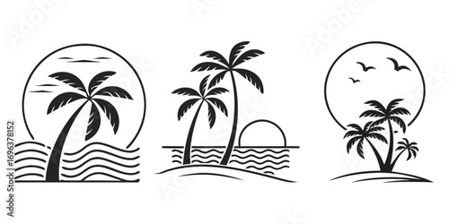 Tropical Palm Trees Beach Sunset Ocean Scene Icons