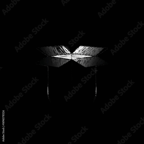 Geometric black sculpture illuminated from above in a dark space, showcasing unique angles and shadows