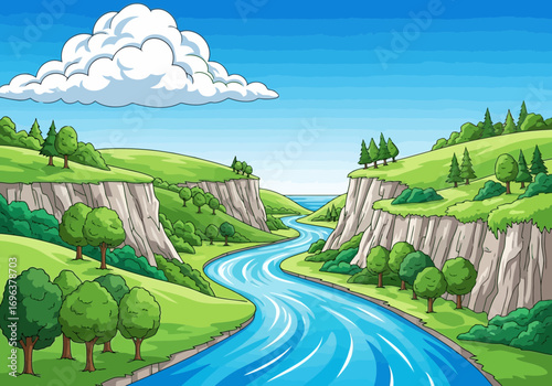 Vector art of pixel art landscape of a winding river flowing through green valleys and cliffs under a blue sky with clouds