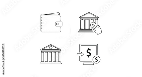 Vector illustration of financial icons including wallet, bank, and online transaction