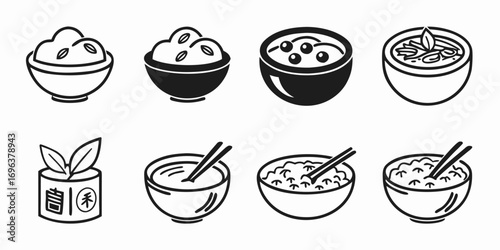 Asian Food Bowls and Ingredients Icons