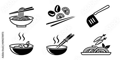 Asian Food Icons Collection with Noodles and Spatula