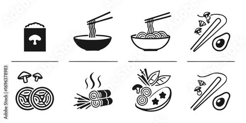 Asian Food Icons Collection with Noodles and Ingredients