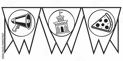 Black and White Banner with Megaphone, Castle, and Pizza Icons