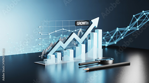 Dynamic digital rendering showcasing business success, market growth, and strategic financial planning with data analysis