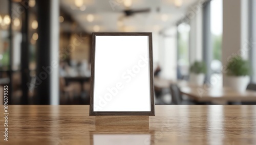 Wallpaper Mural Mock up Menu frame standing on wood table in Bar restaurant cafe. space for text Torontodigital.ca