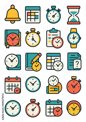 School Timetable icons in modern flat vector style in minimalistic vibrant color design: school bell clock, class schedule, lecture timer, exam