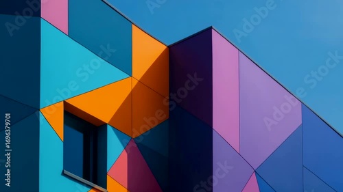 Vibrant geometric facade of a modern building with colorful panels in shades of orange, purple, and blue