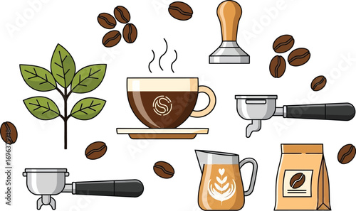 A vibrant collection of coffee-related elements including beans, a steaming cup, and brewing tools.