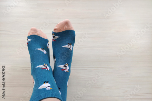 Bright children's multi-colored socks with decorative pattern, top view	