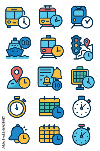 Transportation Timing icons in modern flat vector style in minimalistic vibrant color design: bus schedule clock, train departure clock, metro timer,