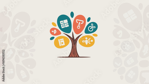 Illustration of a tree with colorful leaves containing various symbols on a light background