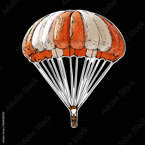Colorful parachute descending against a dark background during an airborne adventure