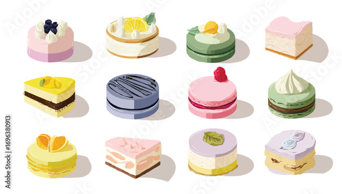 Assortment of miniature cakes and macarons with various colorful flavors displayed on white background