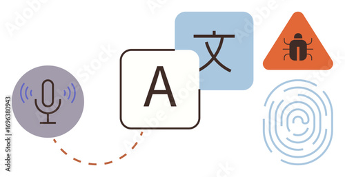 Microphone, letter A, foreign character, fingerprint, and warning triangle symbolizing technology, translation, cybersecurity, biometrics communication accessibility and risk. Ideal for tech AI
