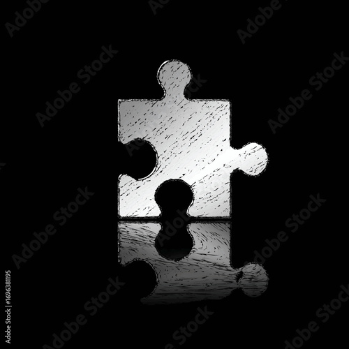 Silver puzzle piece on a dark background reflecting in a smooth surface with light shading details