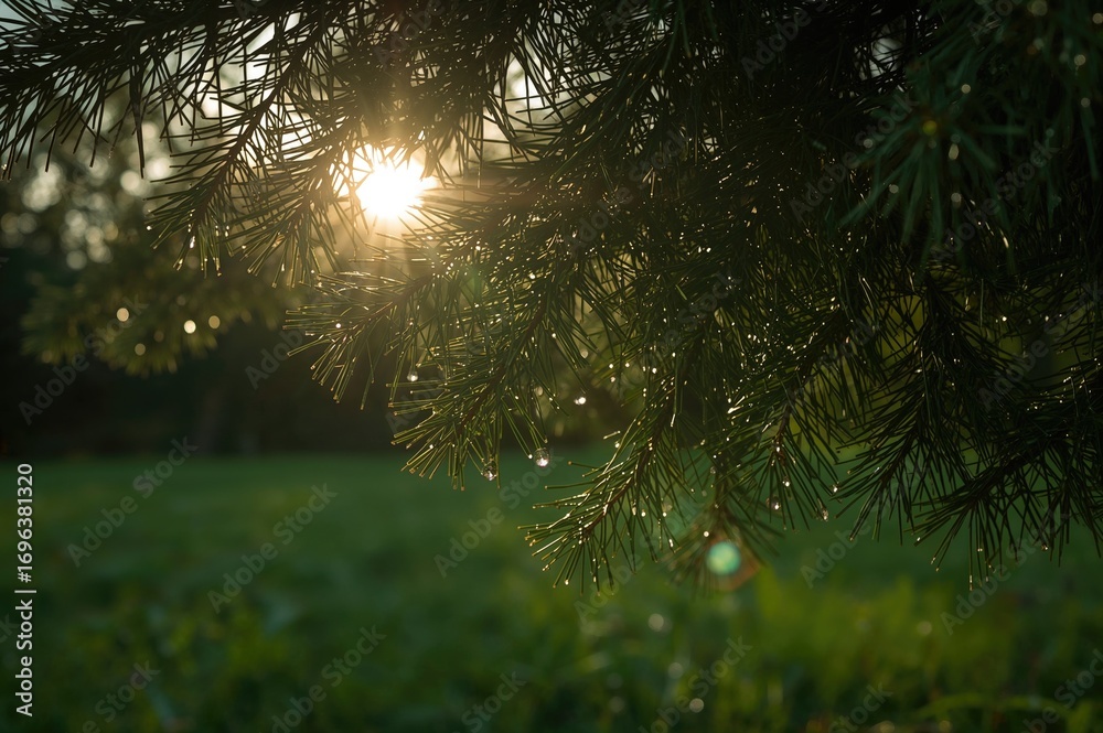 Obraz premium Evergreen tree with raindrops and sunlight, water, summer vibes, nature, springtime, grass, leaves, flowers, garden greenery