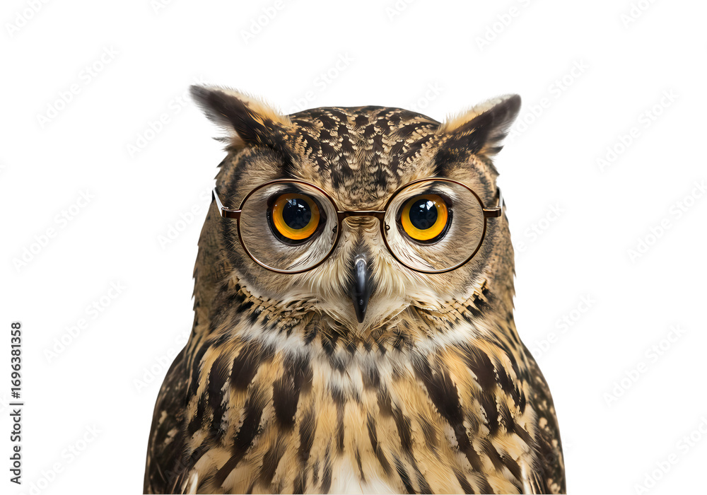 Fototapeta premium Wise Owl with Glasses: A Studious Bird Portrait isolated on transparent background