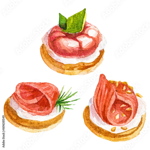 Watercolor painted seafood bruschetta Hand drawn seafood element