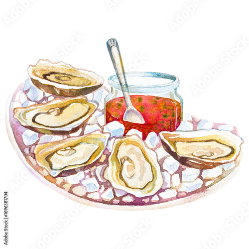 Watercolor painted oysters. Hand drawn seafood design element isolated on transparent background.