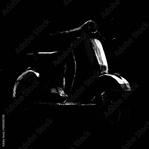 Vintage scooter parked in a dimly lit garage during the evening hours showcasing its classic design and craftsmanship