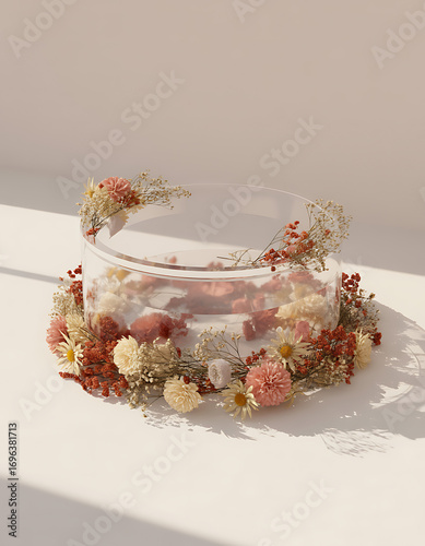 Delicate floral crown adorned with dried flowers and greenery on a light background