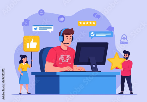 Vector art of gamer playing video games on a computer, receiving positive feedback and likes online, surrounded by social media icons and rating stars