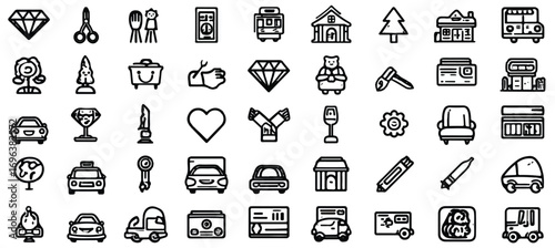 Black and white line art icons showcase a diverse collection of everyday items and concepts