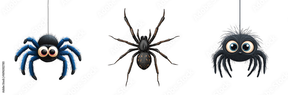 Fototapeta premium Set of a spooky and cute Halloween spider character, isolated on a transparent background.