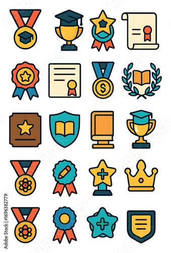 Education Awards icons in modern flat vector style in minimalistic vibrant color design: graduation medal, academic trophy, star student badge,