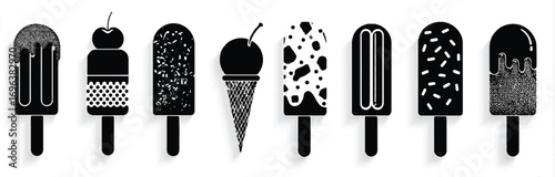 Black and white silhouettes of delicious ice cream treats in a row isolated illustration