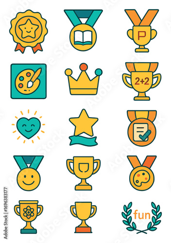 Child Achievements icons in modern flat vector style in minimalistic vibrant color design: kids star badge, reading medal, school ribbon trophy,