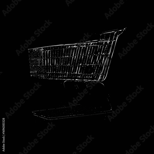 Empty shopping cart stands against a dark background showcasing its metallic texture and design during evening hours