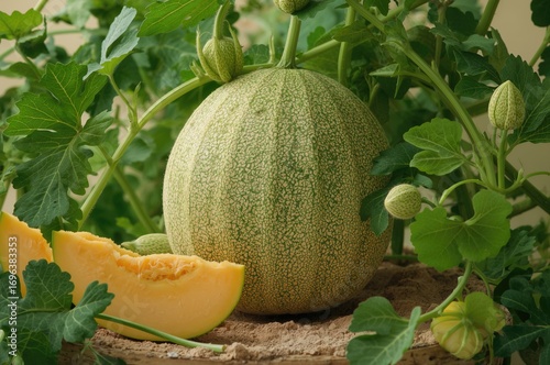 Organic rockmelon (Cucumis melo) plant bearing ripe fruit, a favored sweet melon variety, agricultural theme